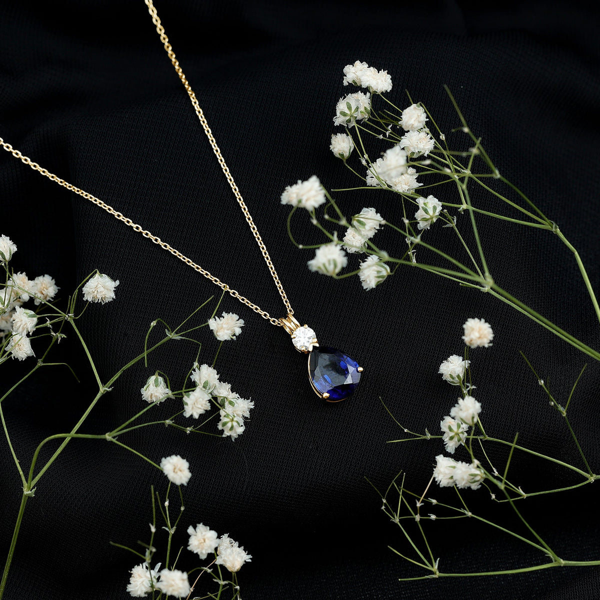 Lab Created Blue Sapphire Teardrop Pendant Necklace with Diamond