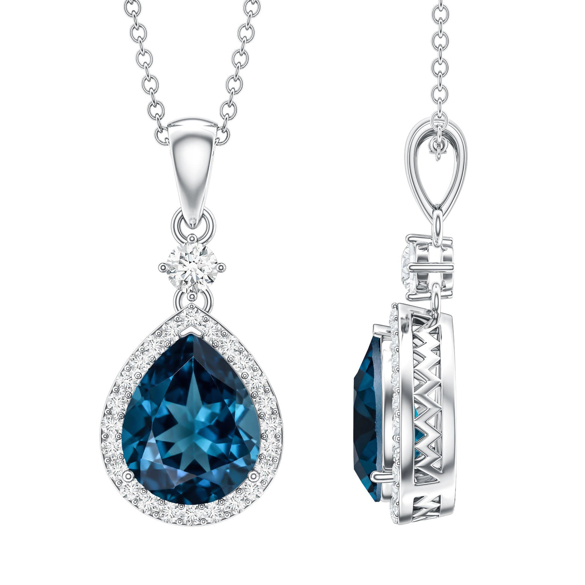 Certified London Blue Topaz Teardrop Necklace with Moissanite Halo
