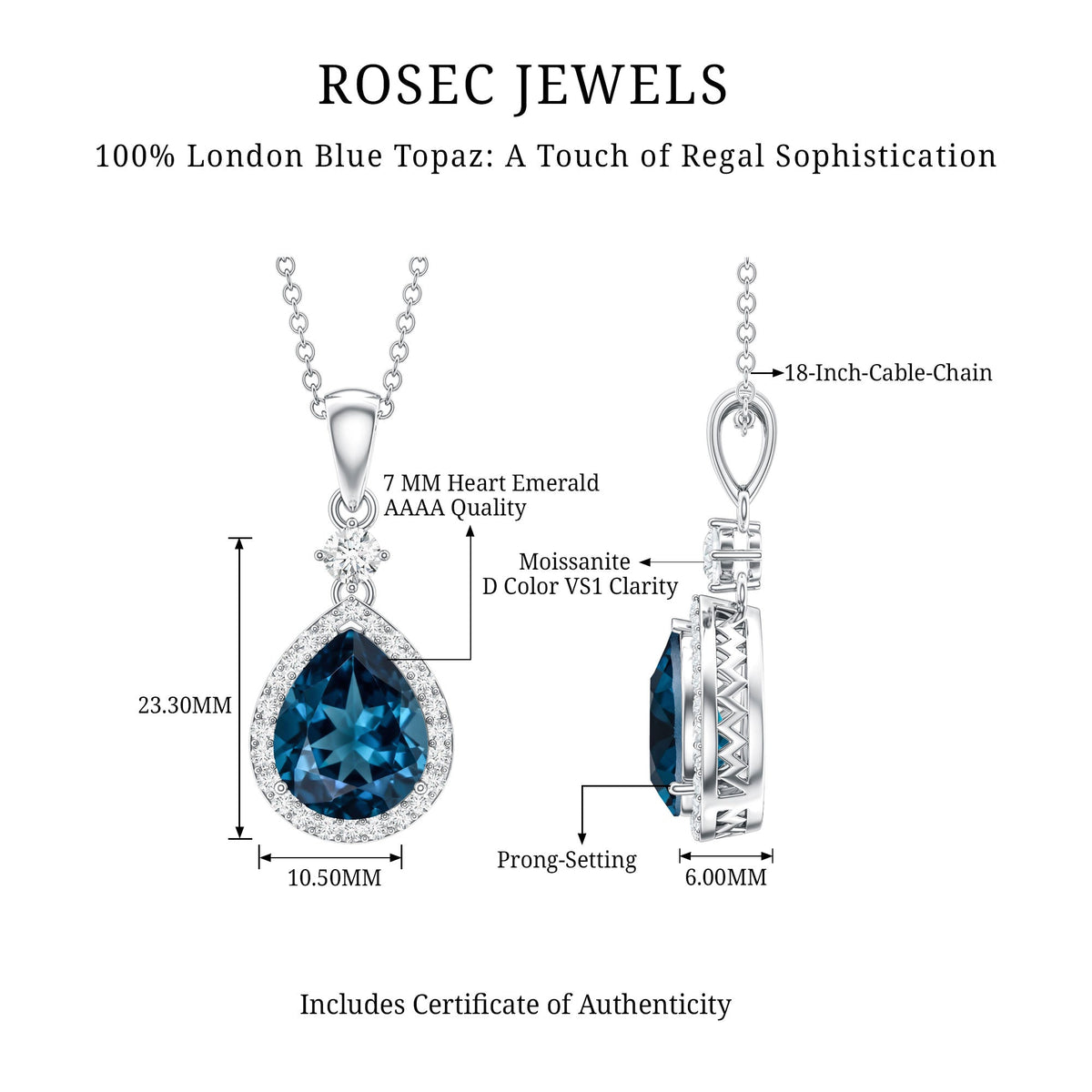 Certified London Blue Topaz Teardrop Necklace with Moissanite Halo