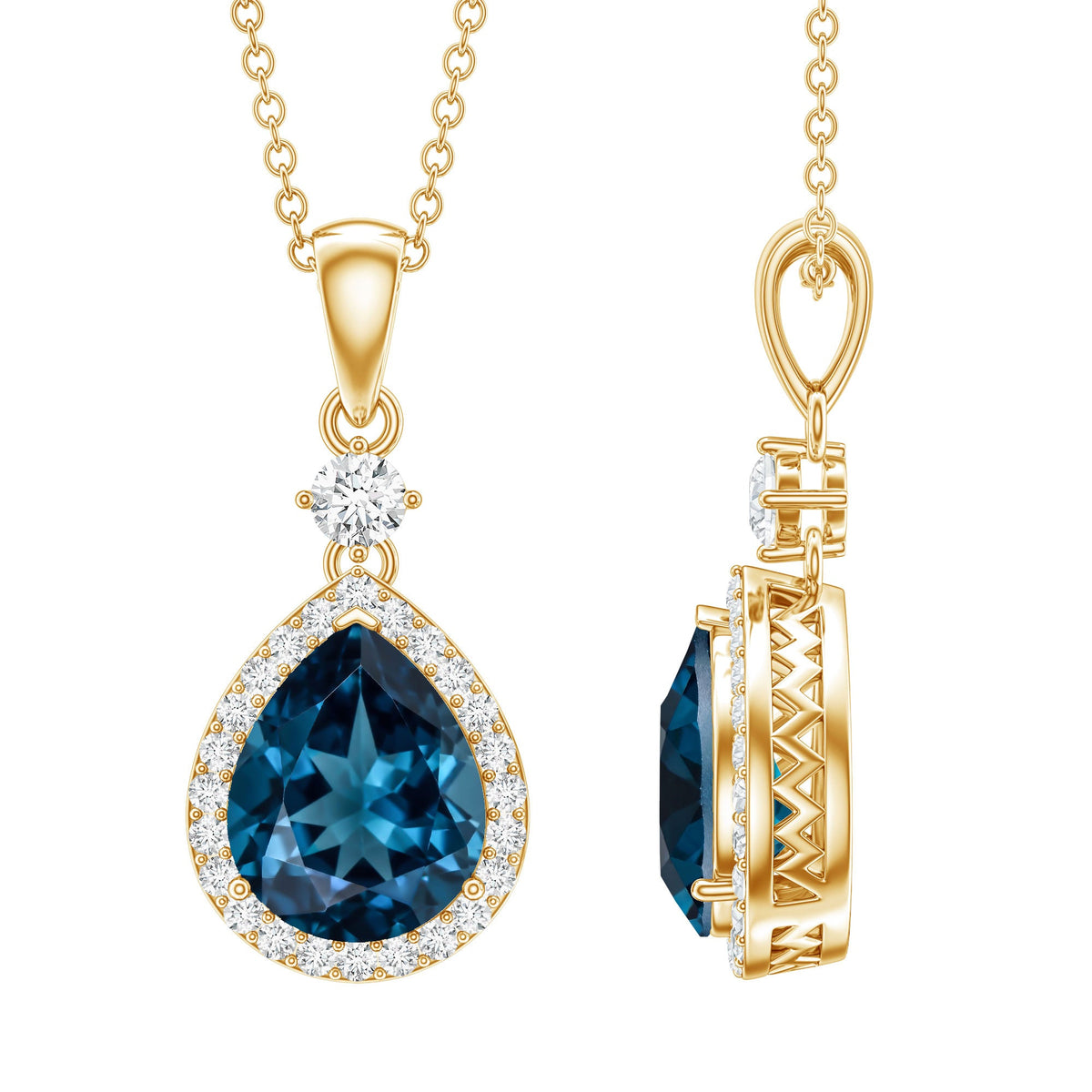 Certified London Blue Topaz Teardrop Necklace with Moissanite Halo