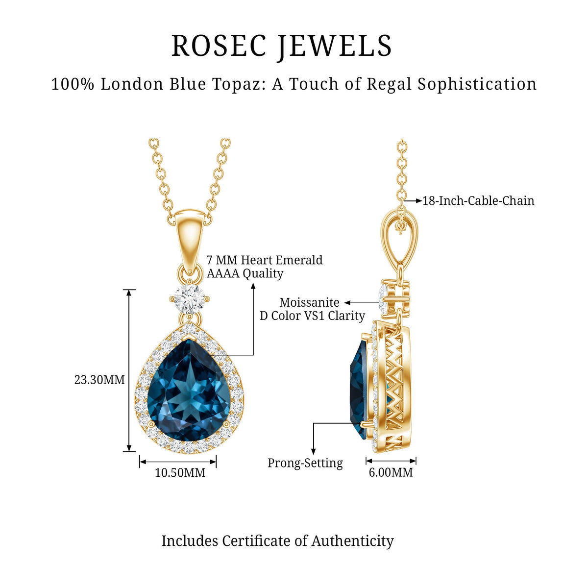 Certified London Blue Topaz Teardrop Necklace with Moissanite Halo