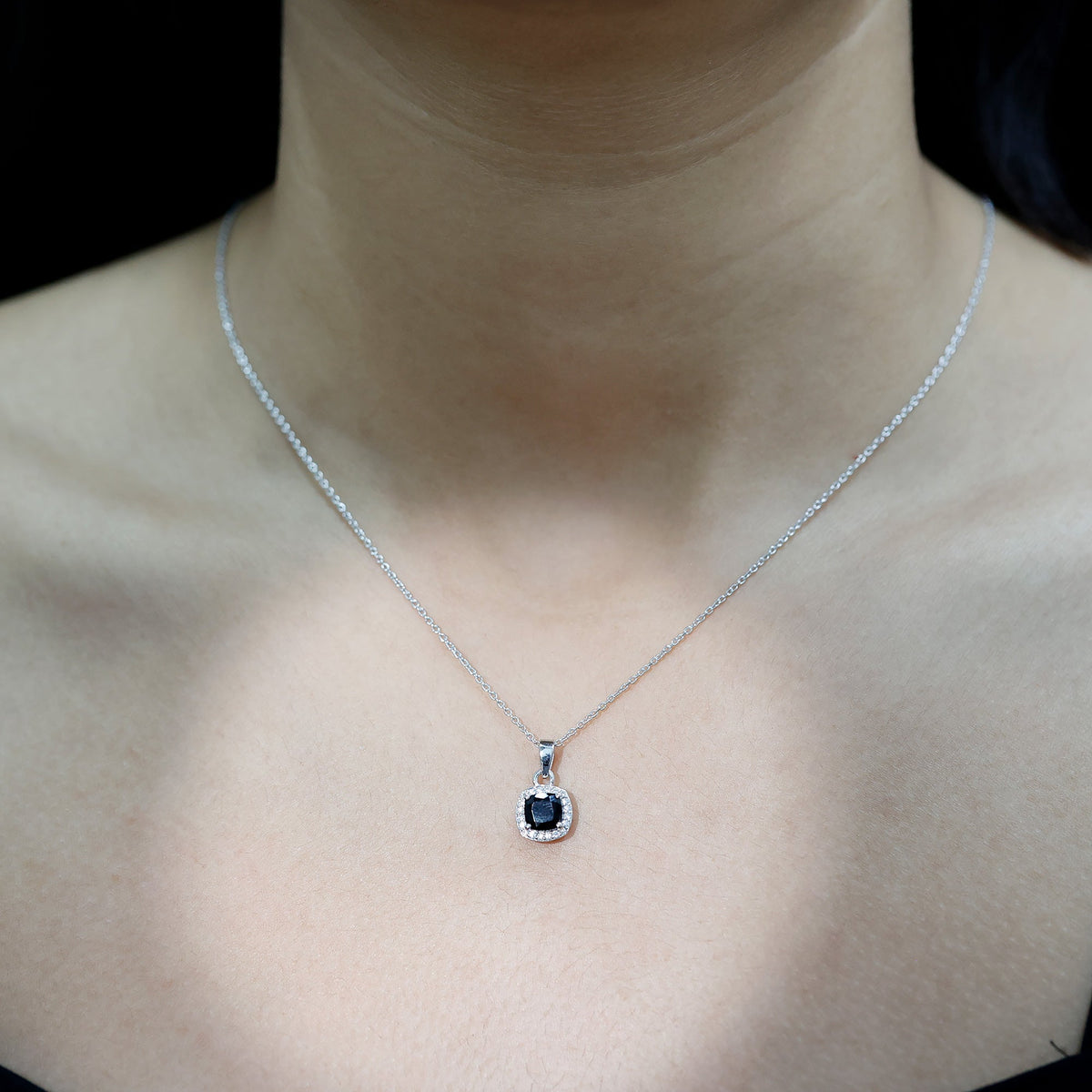 Certified 2 Carat Cushion Cut Black Spinel Necklace with Moissanite Halo