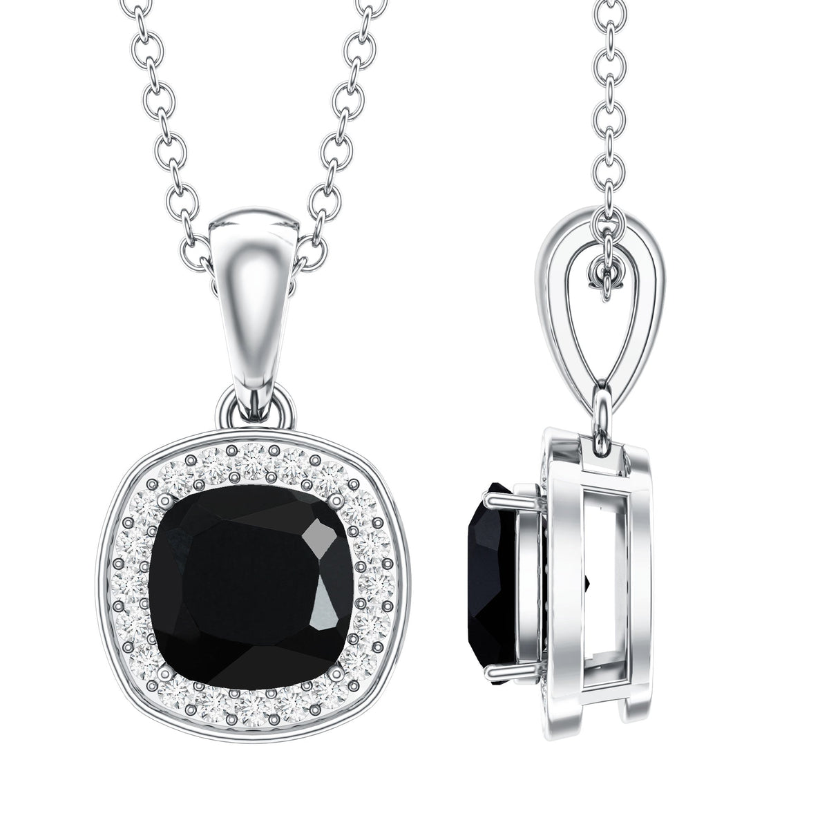 Cushion Cut 2 Carat Black Onyx and Moissanite Halo Necklace with Silver Chain