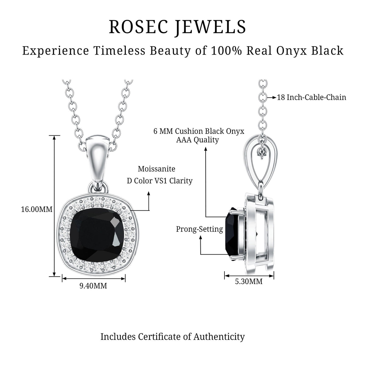 Cushion Cut 2 Carat Black Onyx and Moissanite Halo Necklace with Silver Chain