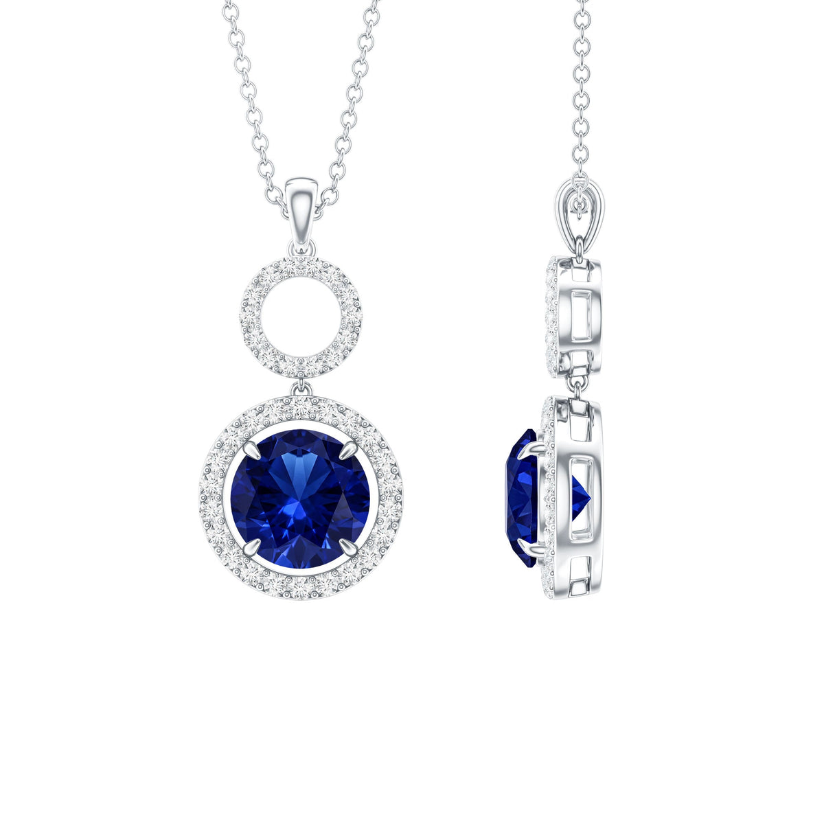 Lab Grown Blue Sapphire Halo Pendant with Moissanite