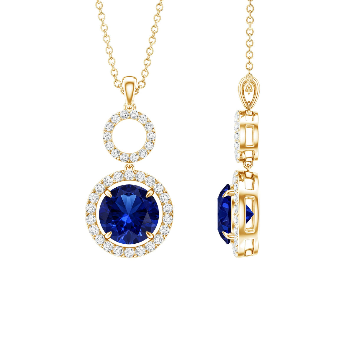 Lab Grown Blue Sapphire Halo Pendant with Moissanite