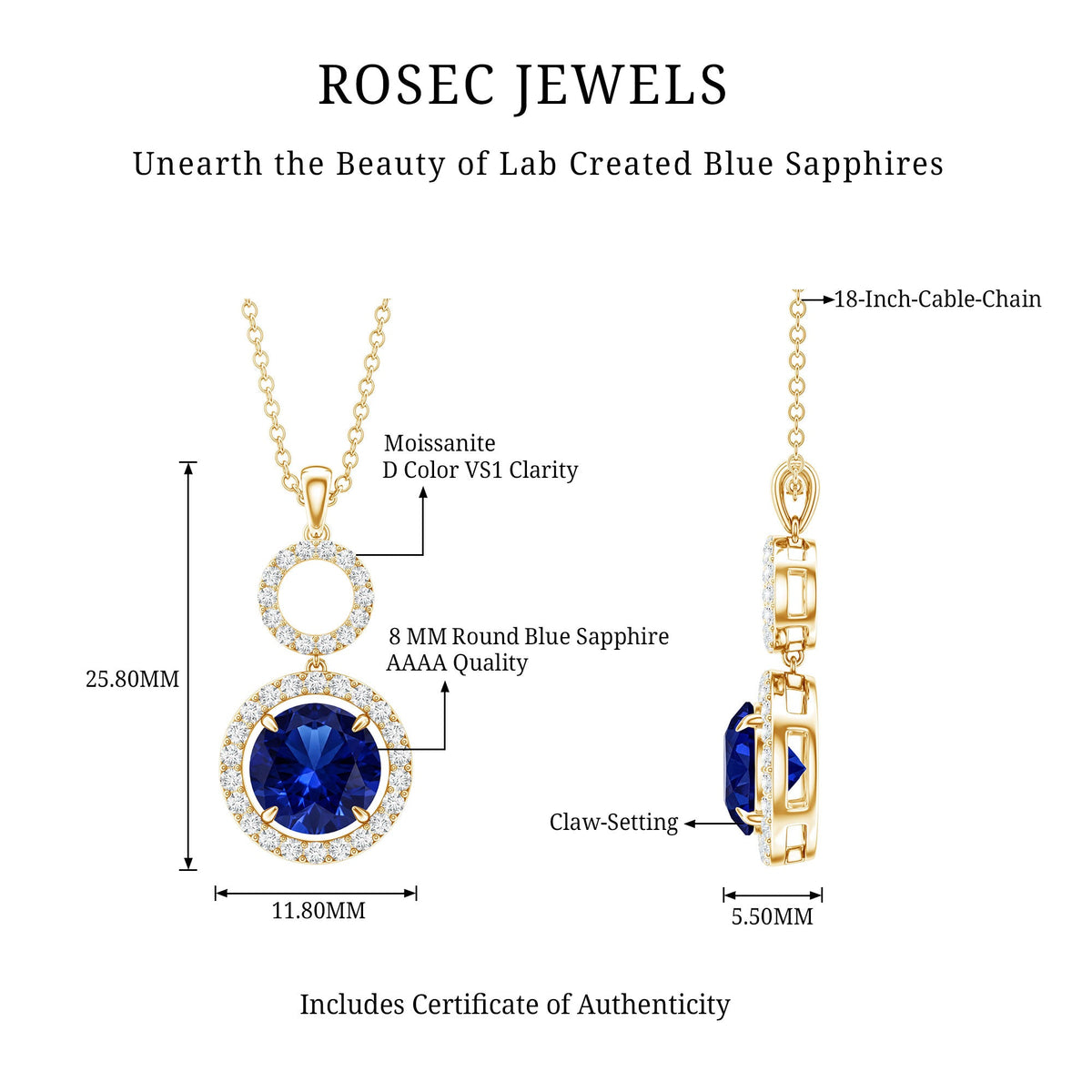 Lab Grown Blue Sapphire Halo Pendant with Moissanite