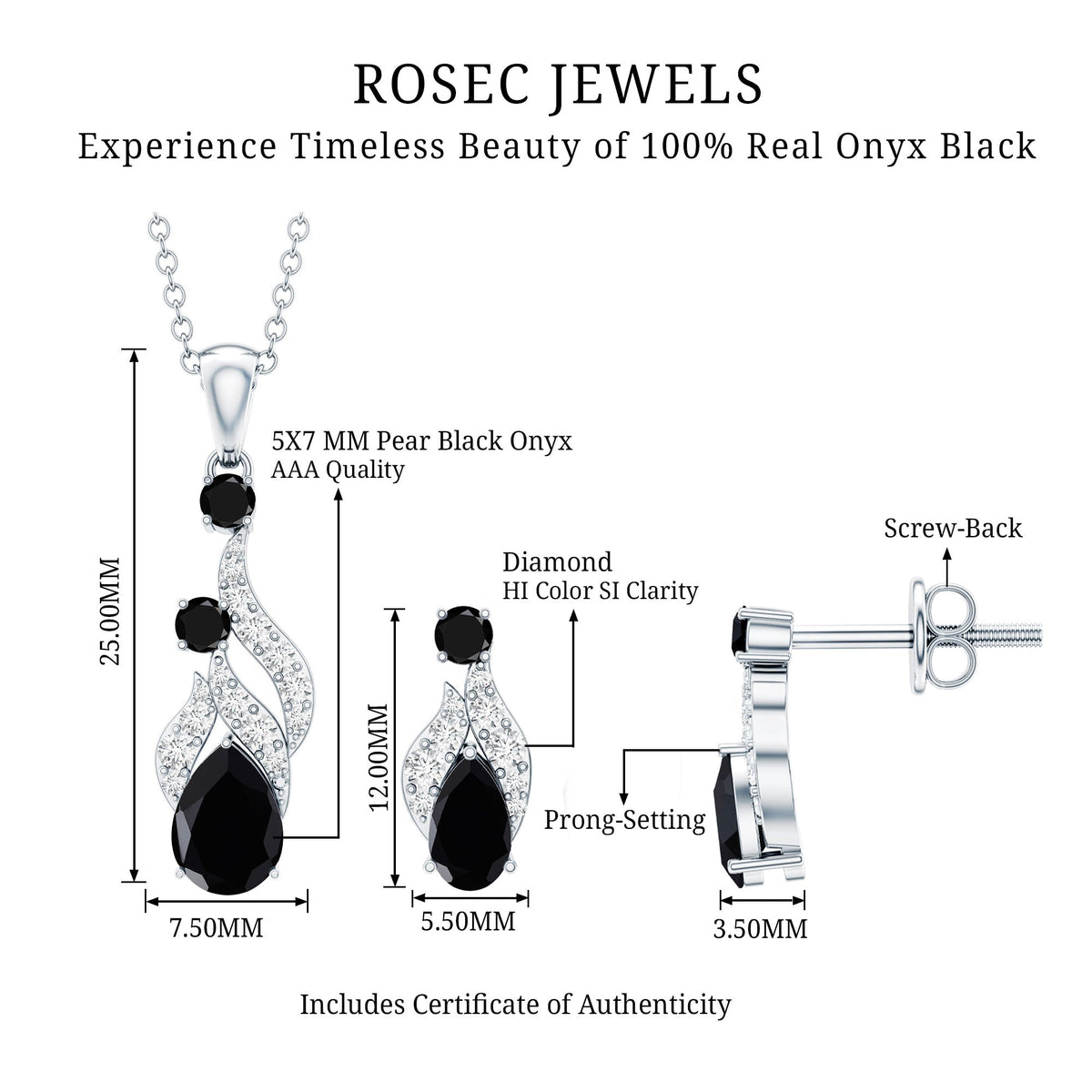 Natural Black Onyx Drop Pendant and Earrings Set with Diamond