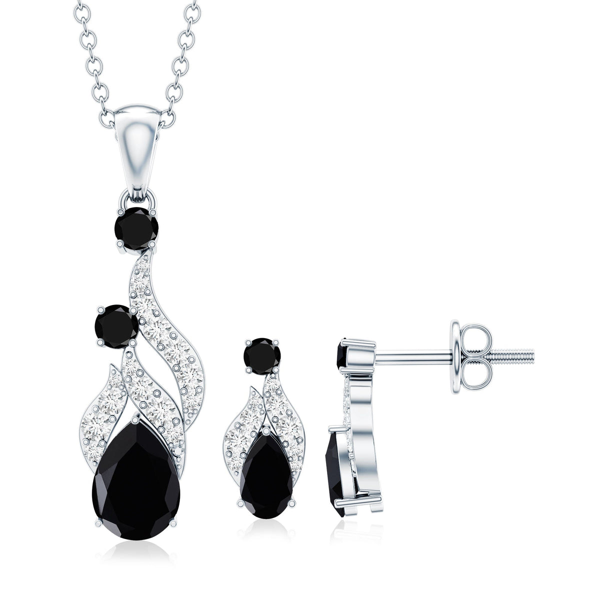 Natural Black Onyx Drop Pendant and Earrings Set with Diamond