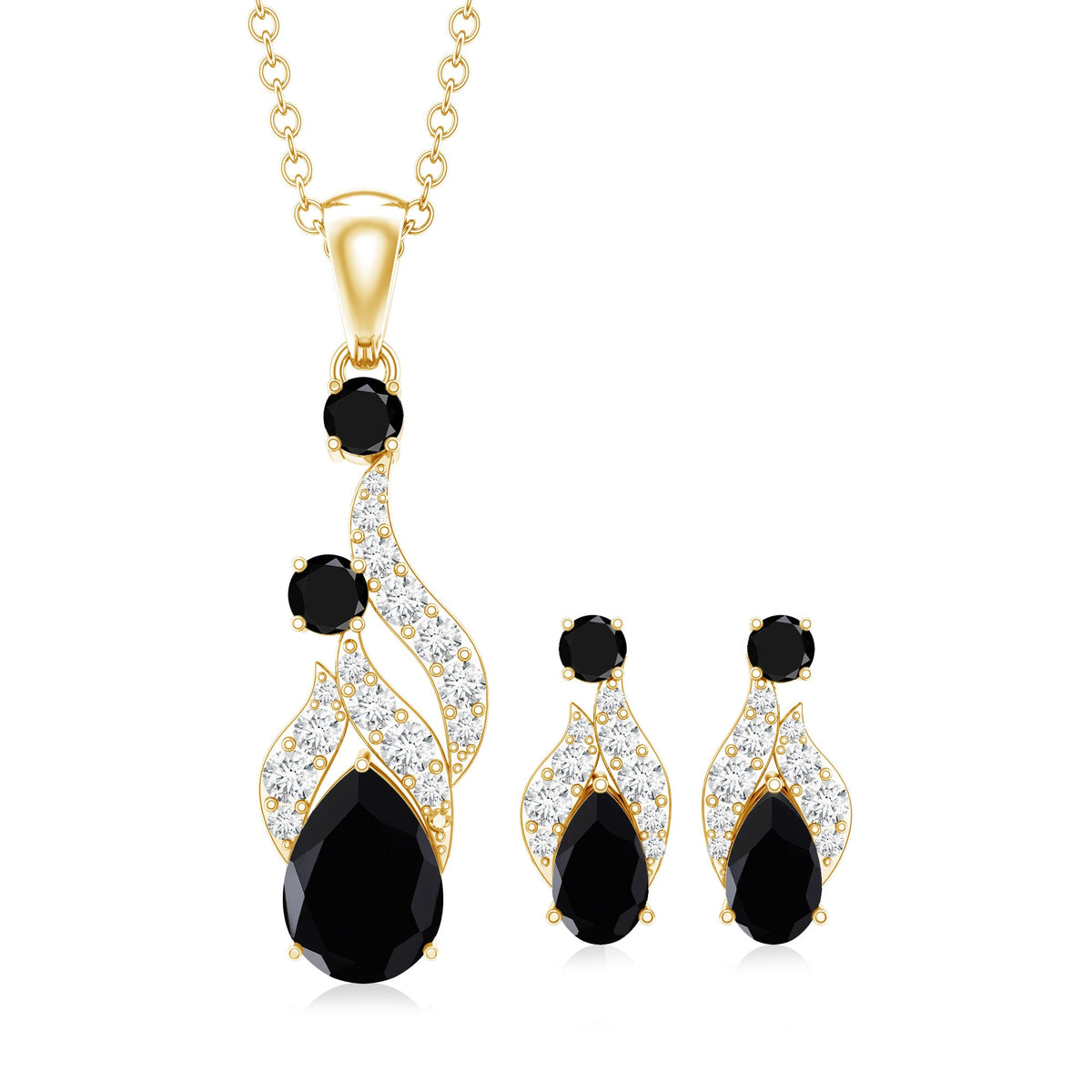 Natural Black Onyx Drop Pendant and Earrings Set with Diamond