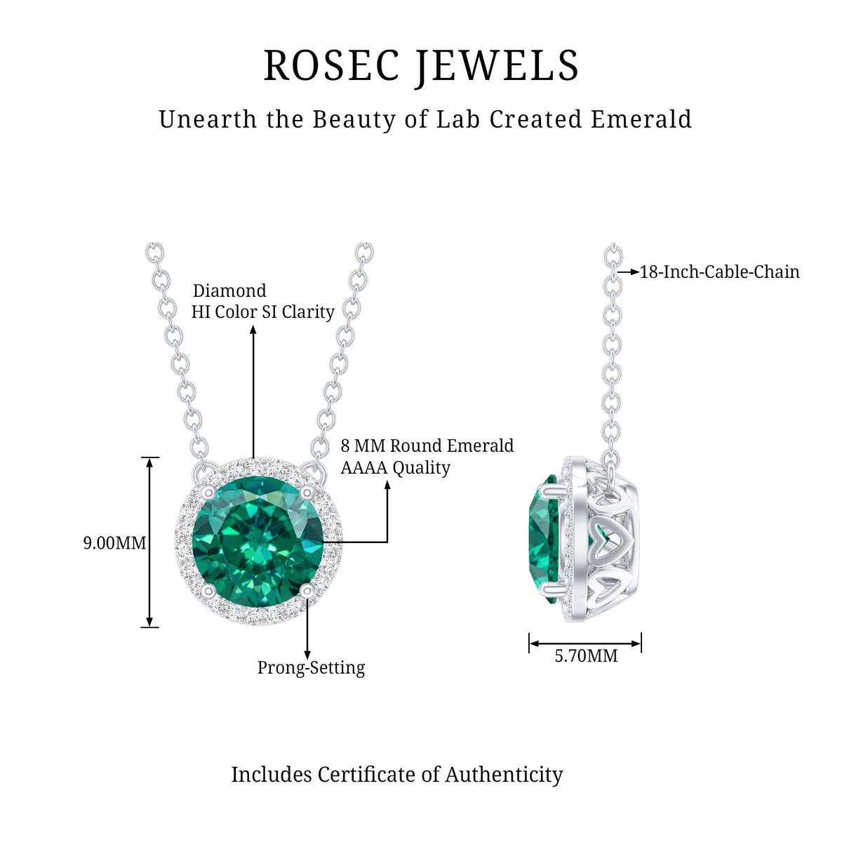 2 Carat Round Lab Created Emerald and Diamond Halo Necklace