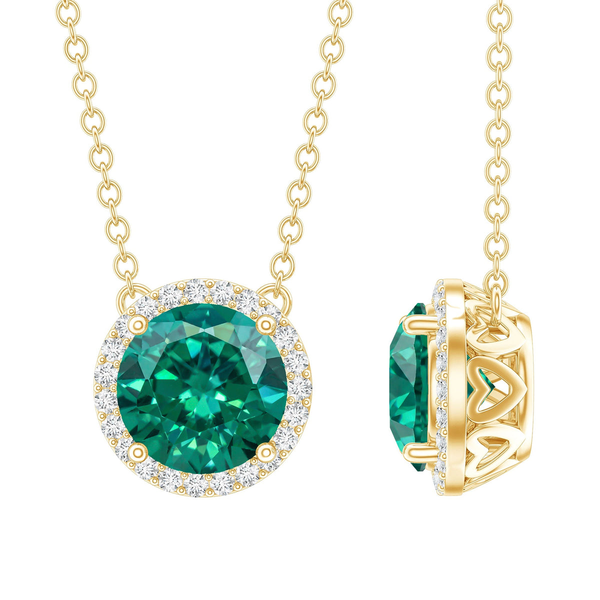 2 Carat Round Lab Created Emerald and Diamond Halo Necklace