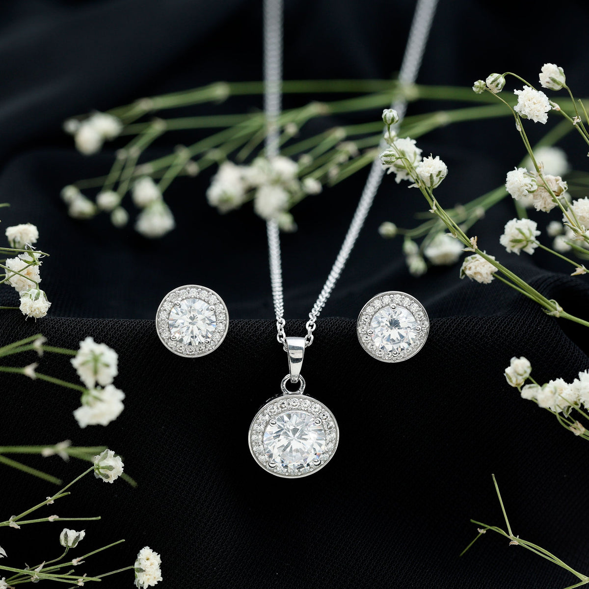 Certified 4 Carat Round Cubic Zirconia Halo Necklace and Earrings in Silver