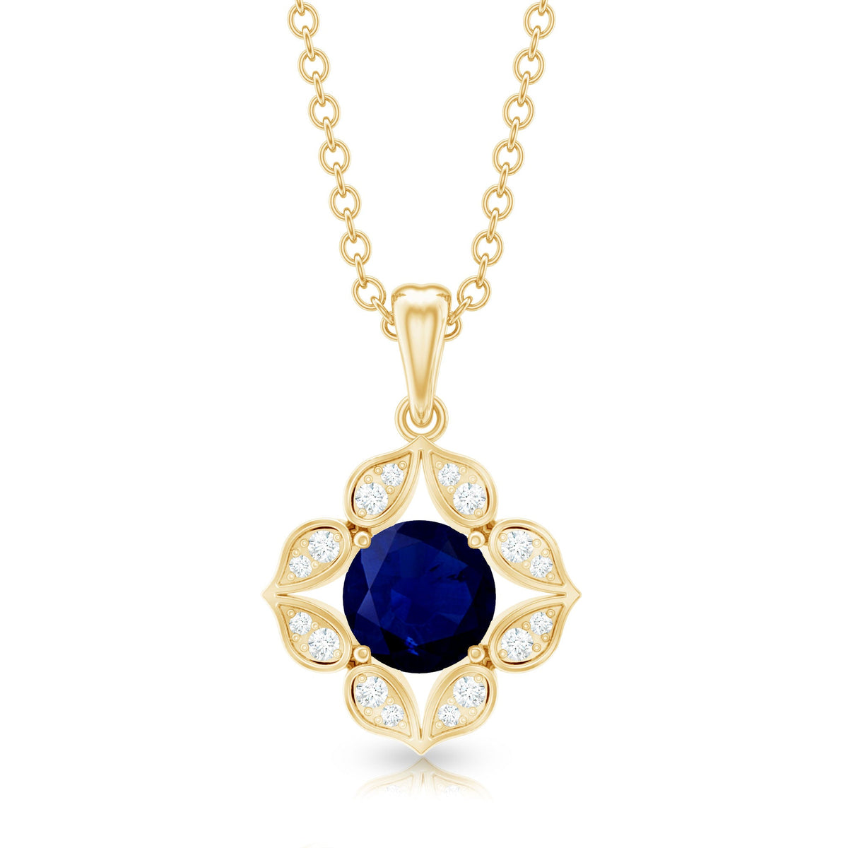 Genuine Blue Sapphire Flower Pendant Necklace with Diamond