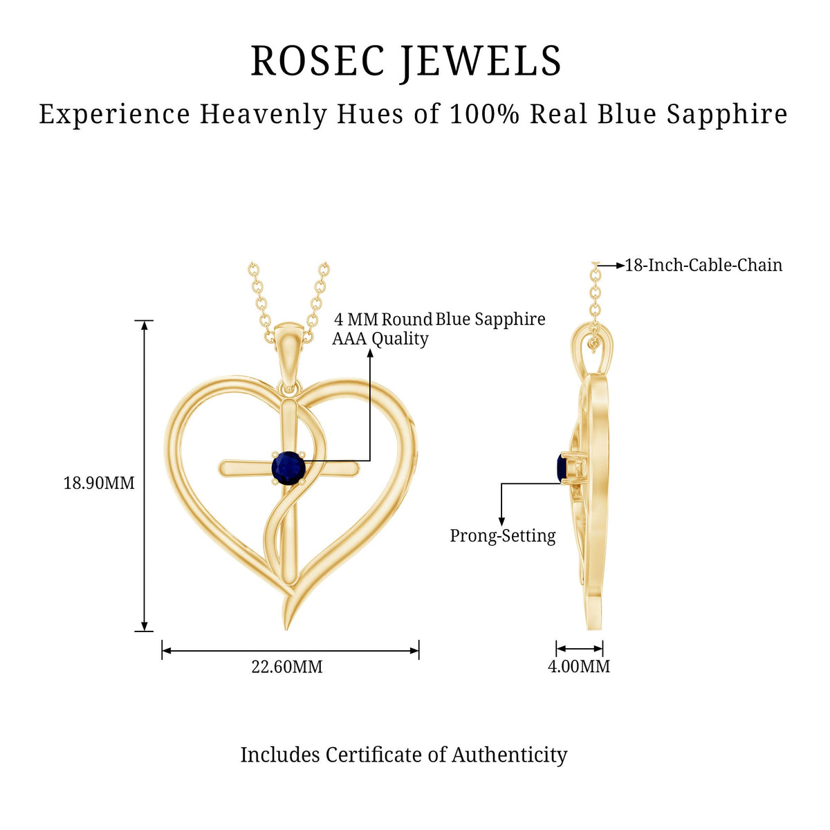 Natural Blue Sapphire Cross Heart Necklace for Women