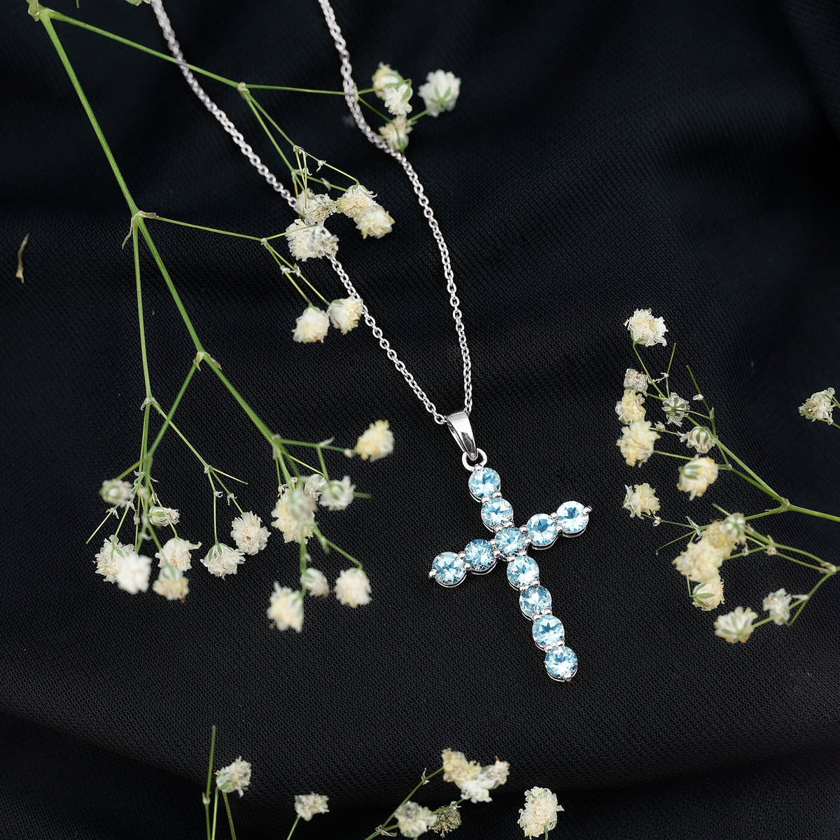 Womens Aquamarine Cross Pendant Necklace with Chain
