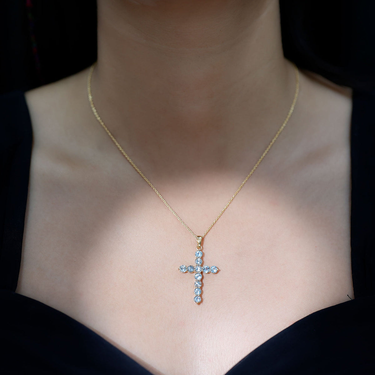 Womens Aquamarine Cross Pendant Necklace with Chain