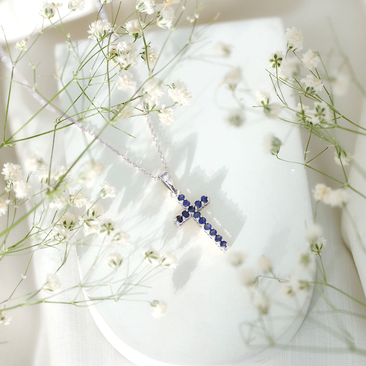 Genuine Blue Sapphire Cross Pendant Necklace with Chain