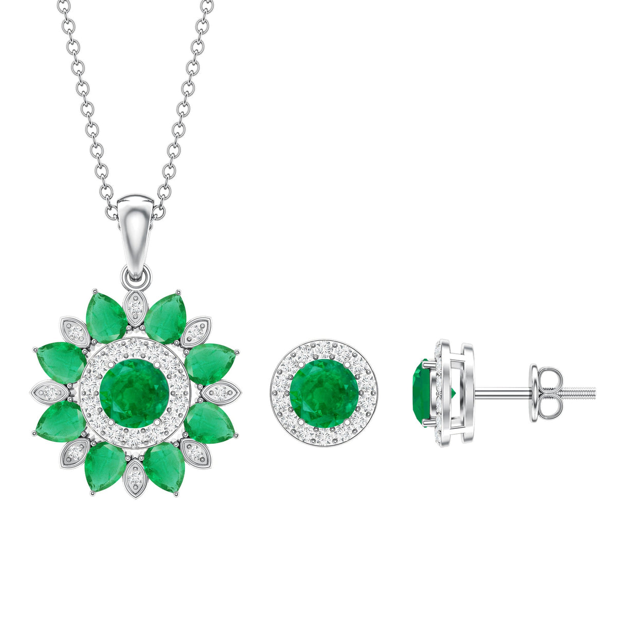 Certified Emerald and Moissanite Flower Necklace and Earrings Set
