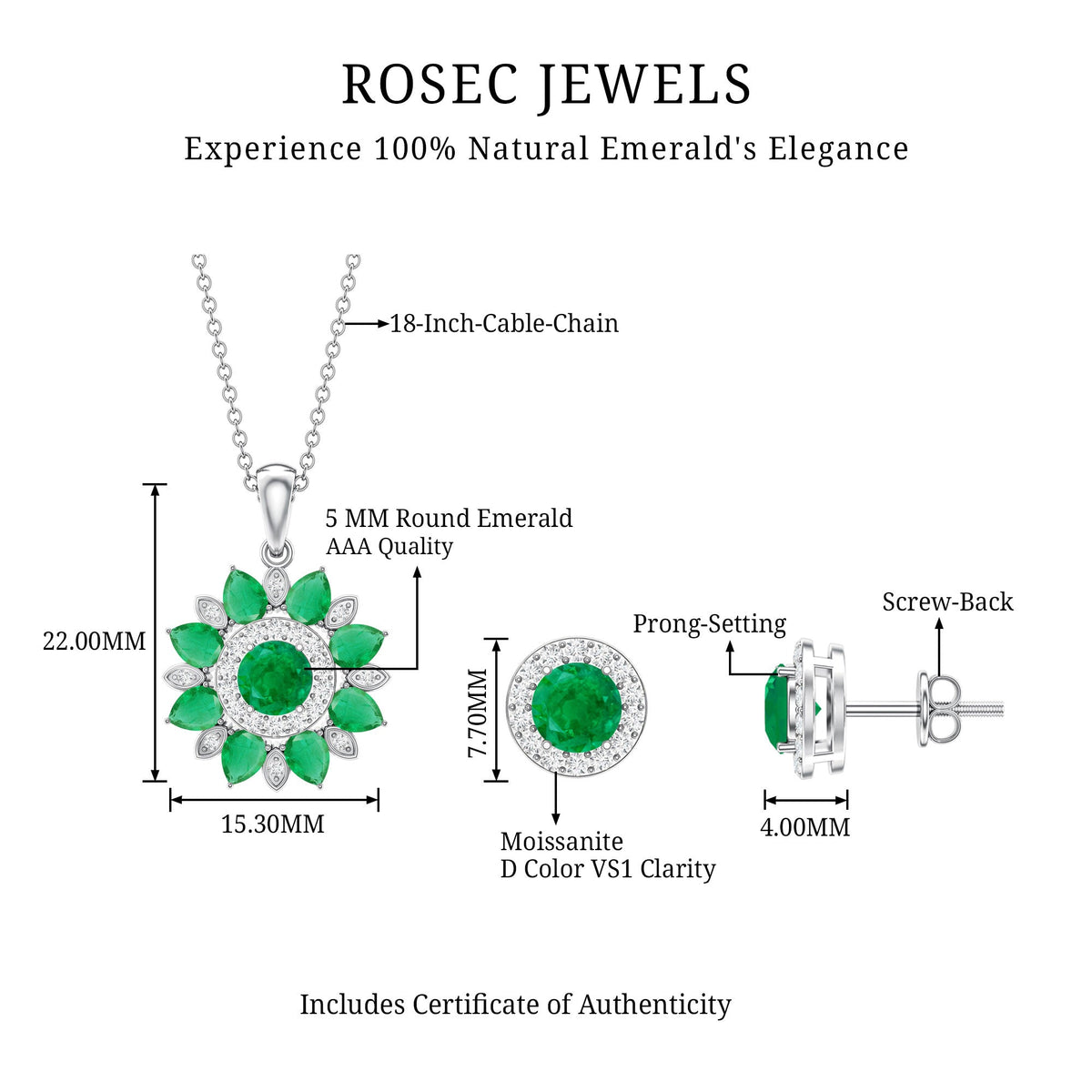 Certified Emerald and Moissanite Flower Necklace and Earrings Set