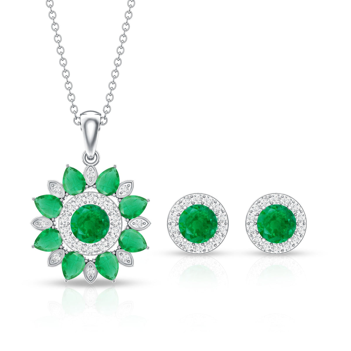 Certified Emerald and Moissanite Flower Necklace and Earrings Set
