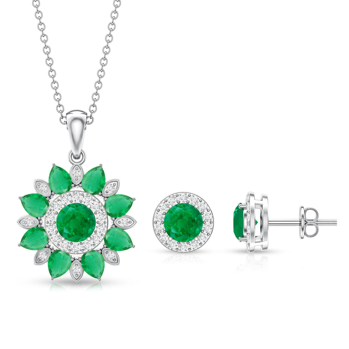 Certified Emerald and Moissanite Flower Necklace and Earrings Set