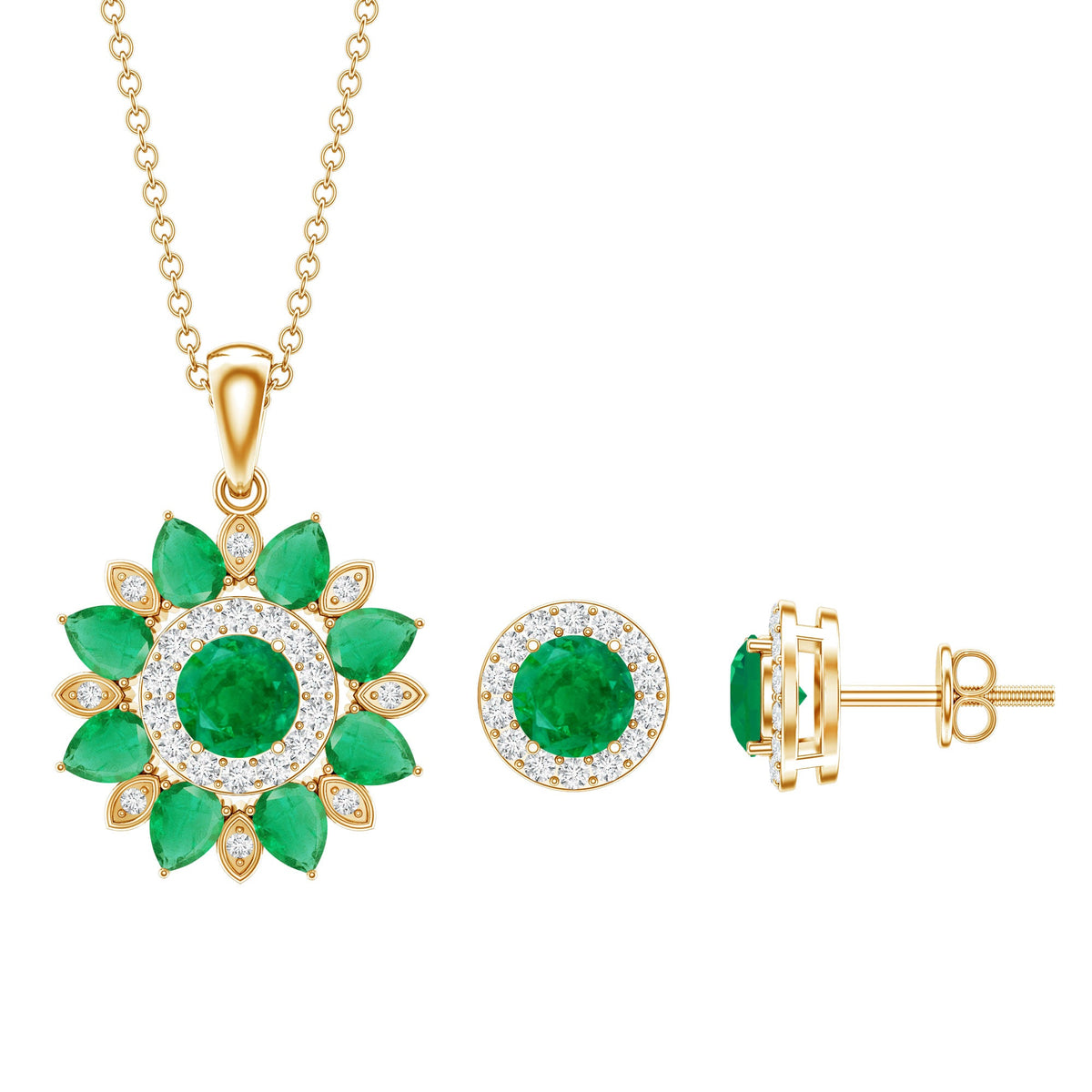 Certified Emerald and Moissanite Flower Necklace and Earrings Set