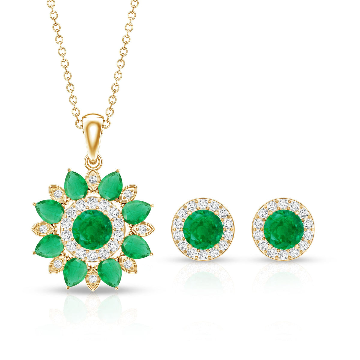 Certified Emerald and Moissanite Flower Necklace and Earrings Set