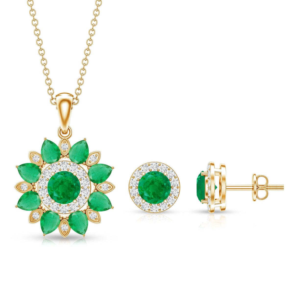 Certified Emerald and Moissanite Flower Necklace and Earrings Set