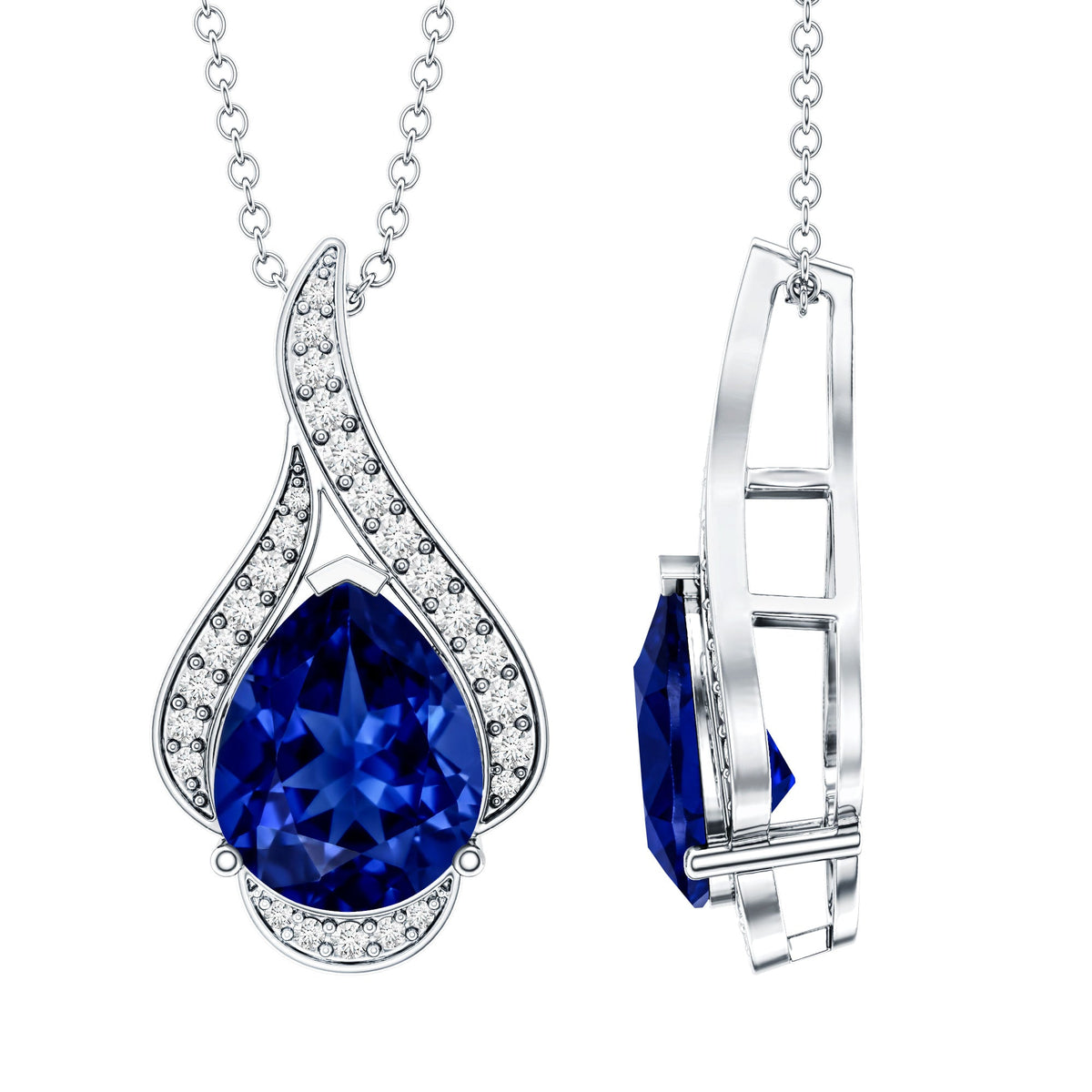 Classic Lab Grown Blue Sapphire Pendant Necklace With Diamond