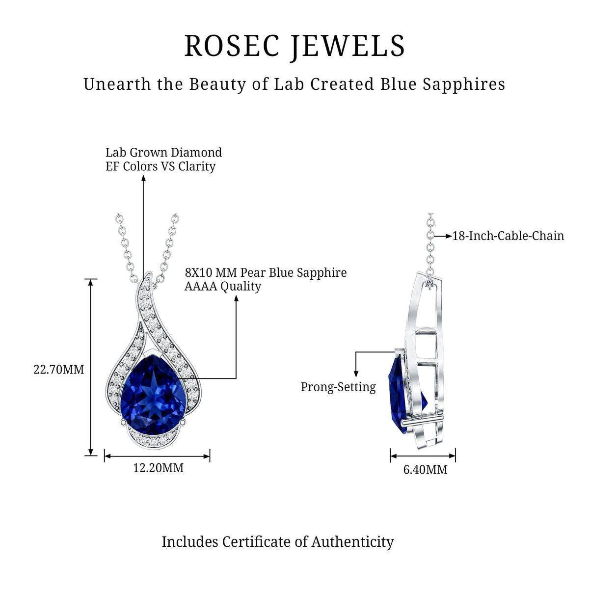 Classic Lab Grown Blue Sapphire Pendant Necklace With Diamond