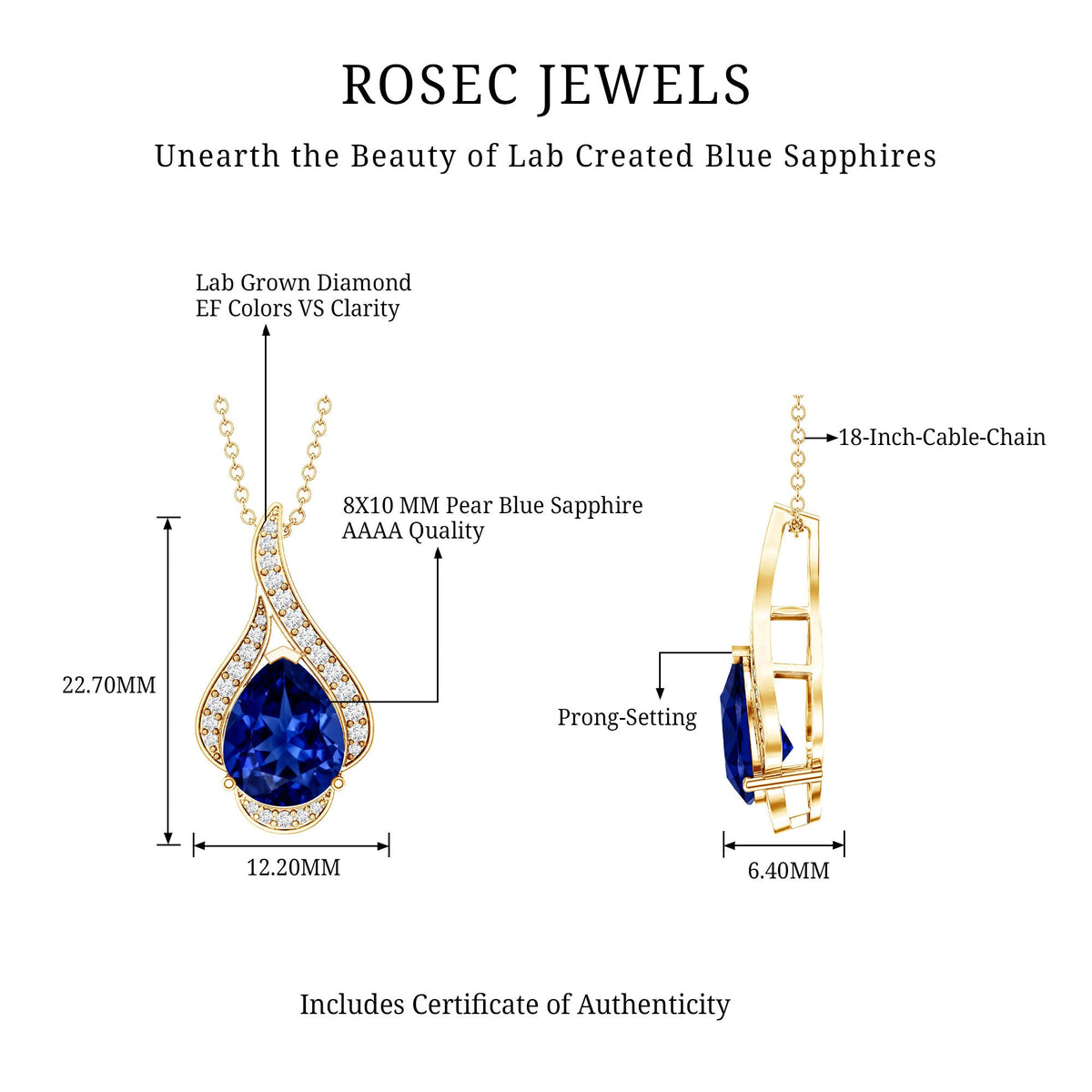 Classic Lab Grown Blue Sapphire Pendant Necklace With Diamond