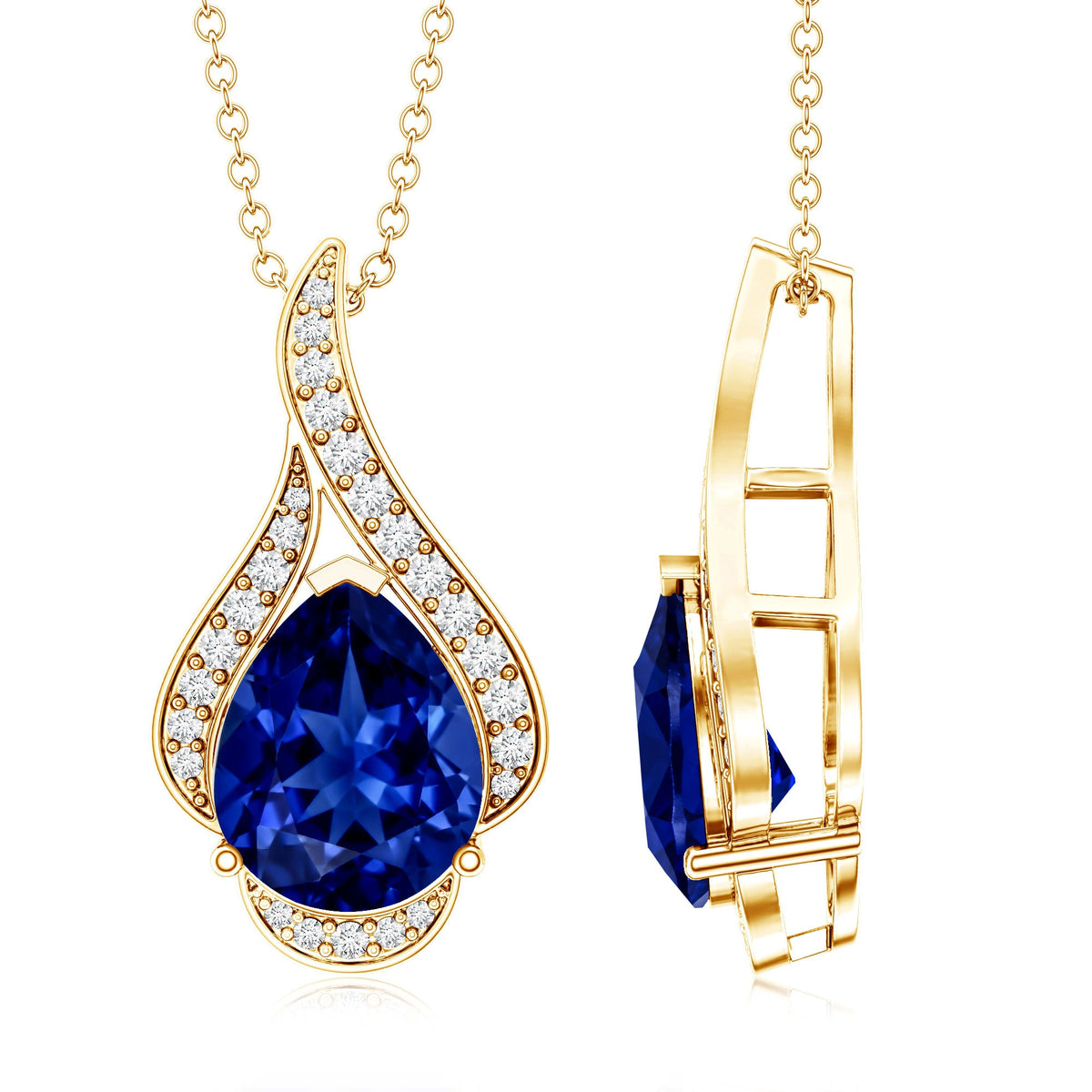 Classic Lab Grown Blue Sapphire Pendant Necklace With Diamond