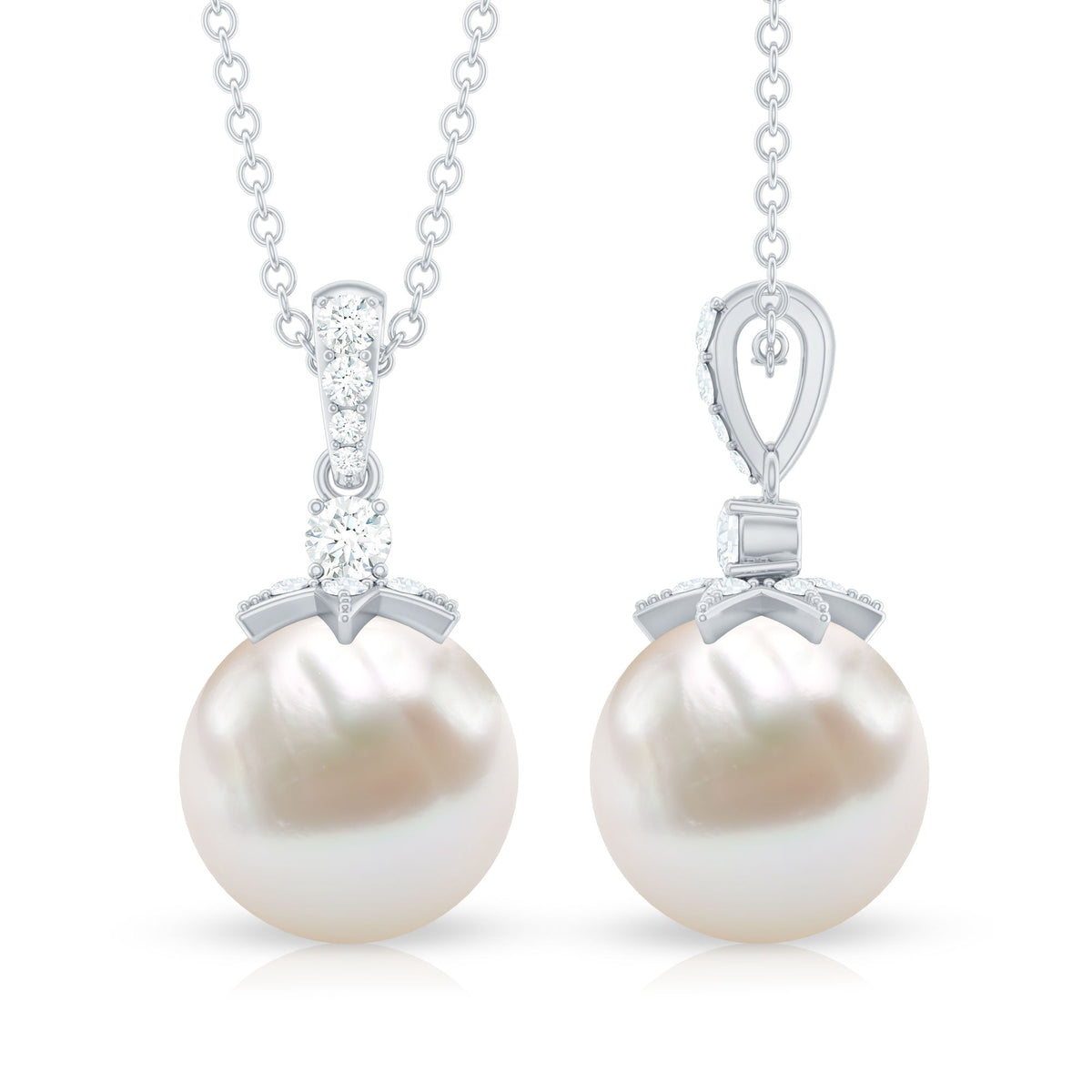 Real Freshwater Pearl and Diamond Drop Pendant Necklace