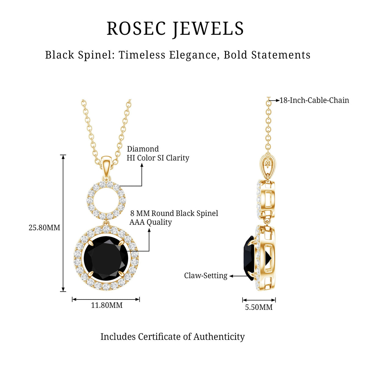 Real 2.6 Carat Black Spinel Drop Pendant Necklace with Diamond