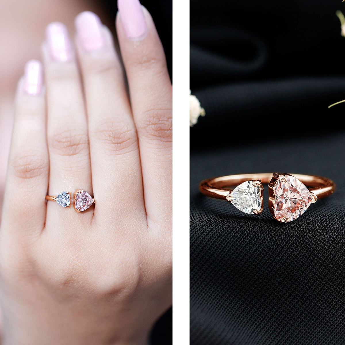 Heart Shape Lab Grown Pink White Diamond Toi Et Moi Promise Ring with IGI Certificate