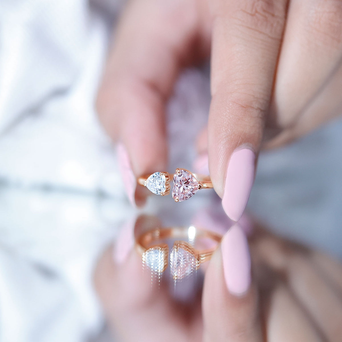 Heart Shape Lab Grown Pink White Diamond Toi Et Moi Promise Ring with IGI Certificate