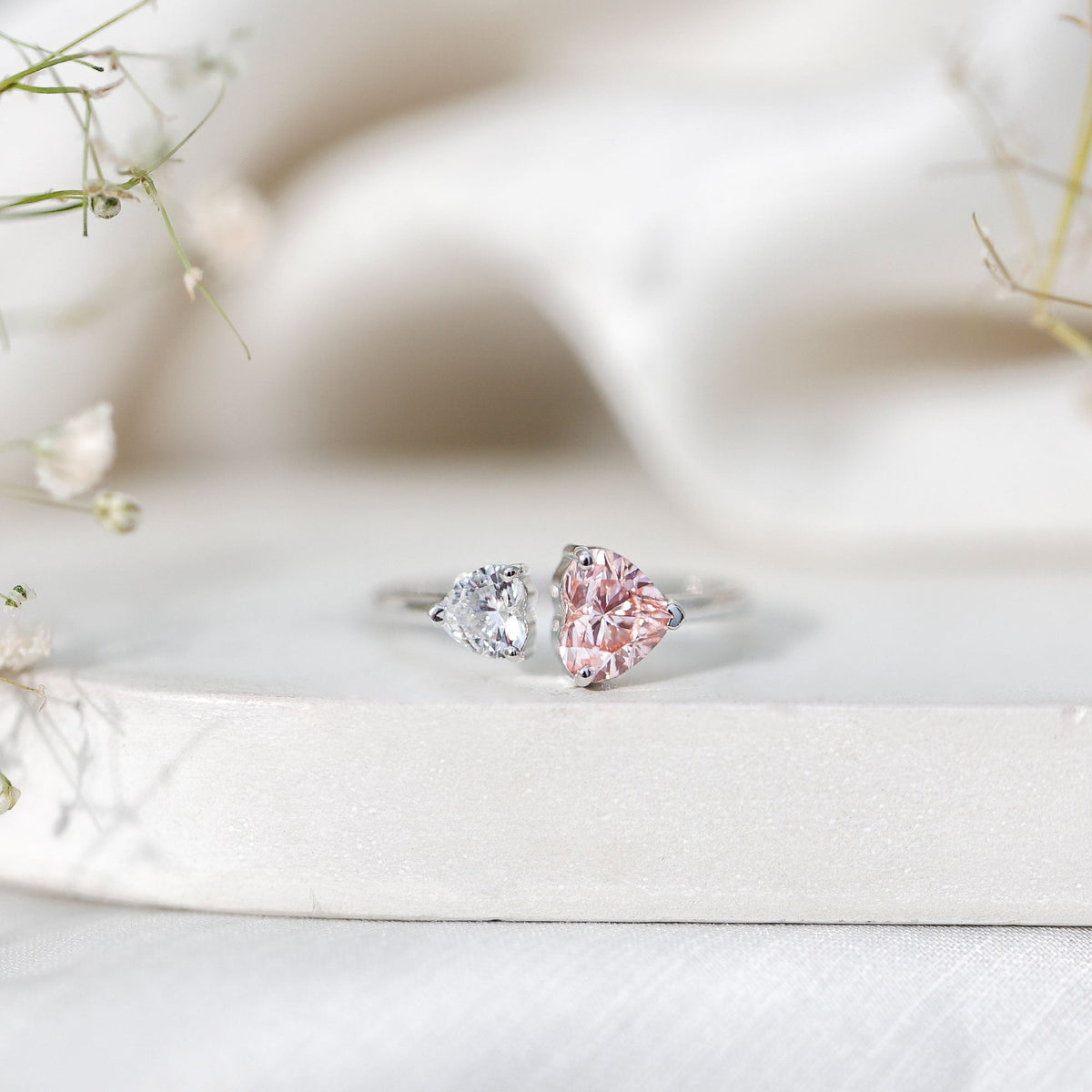 Heart Shape Lab Grown Pink White Diamond Toi Et Moi Promise Ring with IGI Certificate