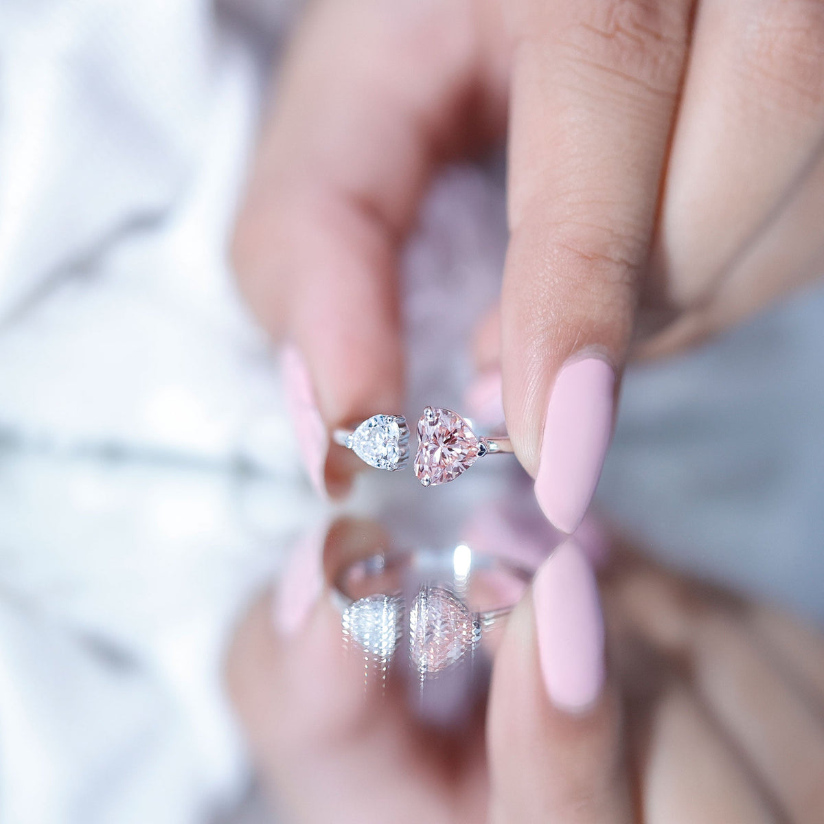 Heart Shape Lab Grown Pink White Diamond Toi Et Moi Promise Ring with IGI Certificate