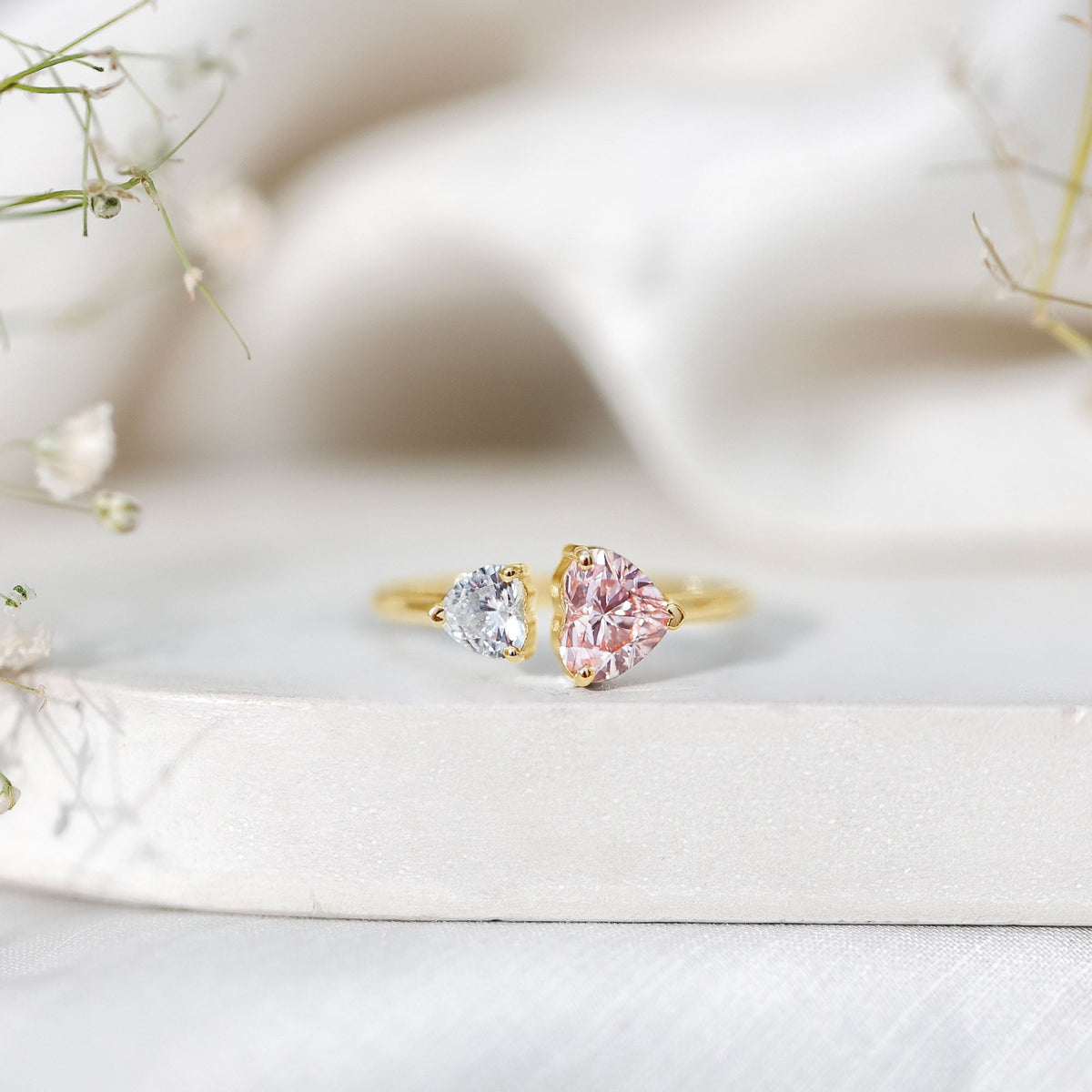 Heart Shape Lab Grown Pink White Diamond Toi Et Moi Promise Ring with IGI Certificate