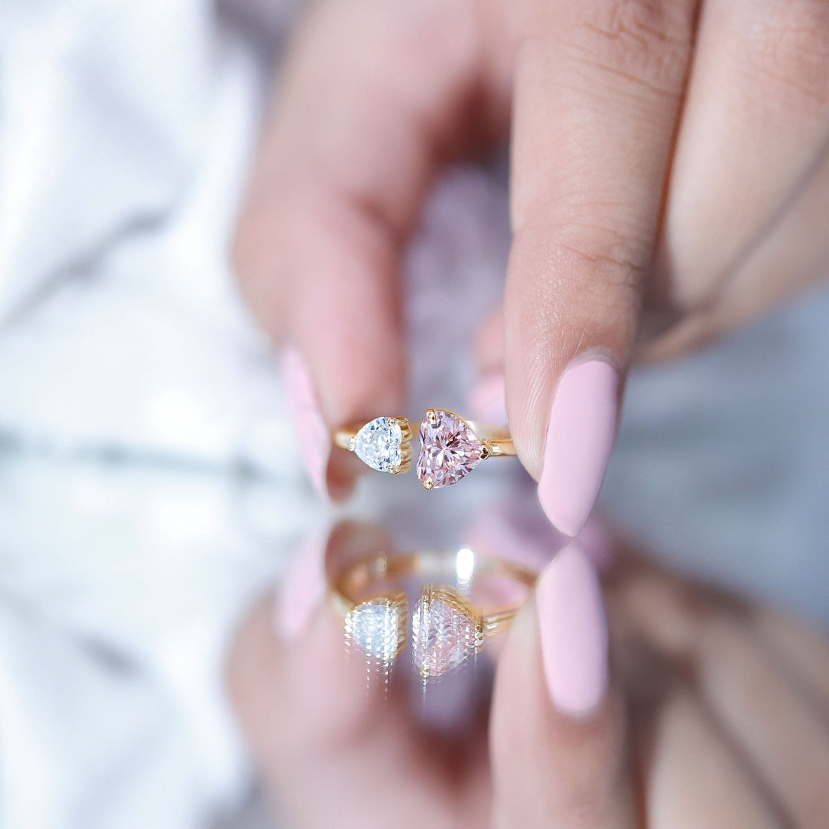 Heart Shape Lab Grown Pink White Diamond Toi Et Moi Promise Ring with IGI Certificate
