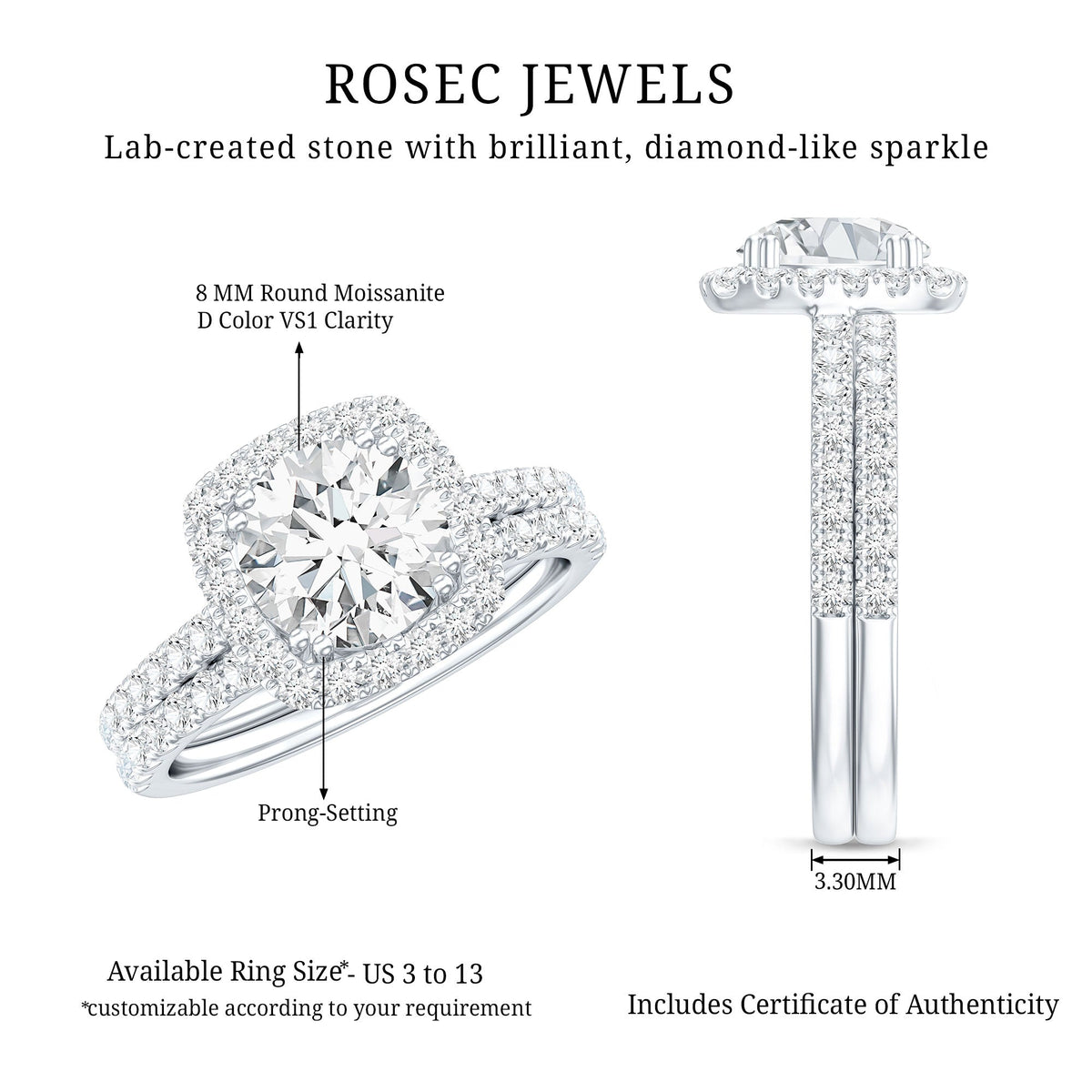 Certified 3.5 Carat Moissanite Wedding Bridal Ring Set of 2 in Silver