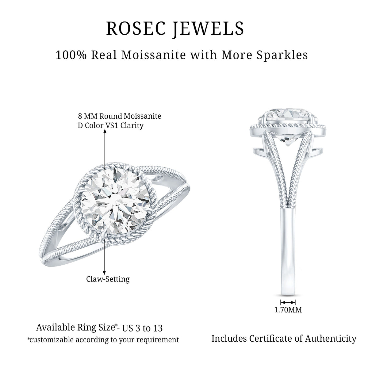 2 CT Round Moissanite Solitaire Engagement Ring with Twisted Split Shank