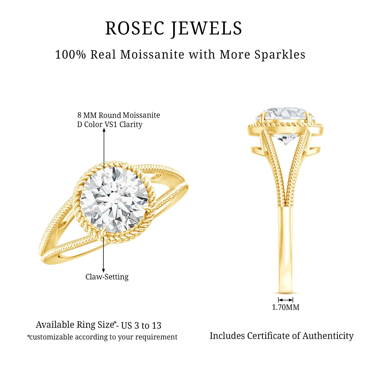 2 CT Round Moissanite Solitaire Engagement Ring with Twisted Split Shank