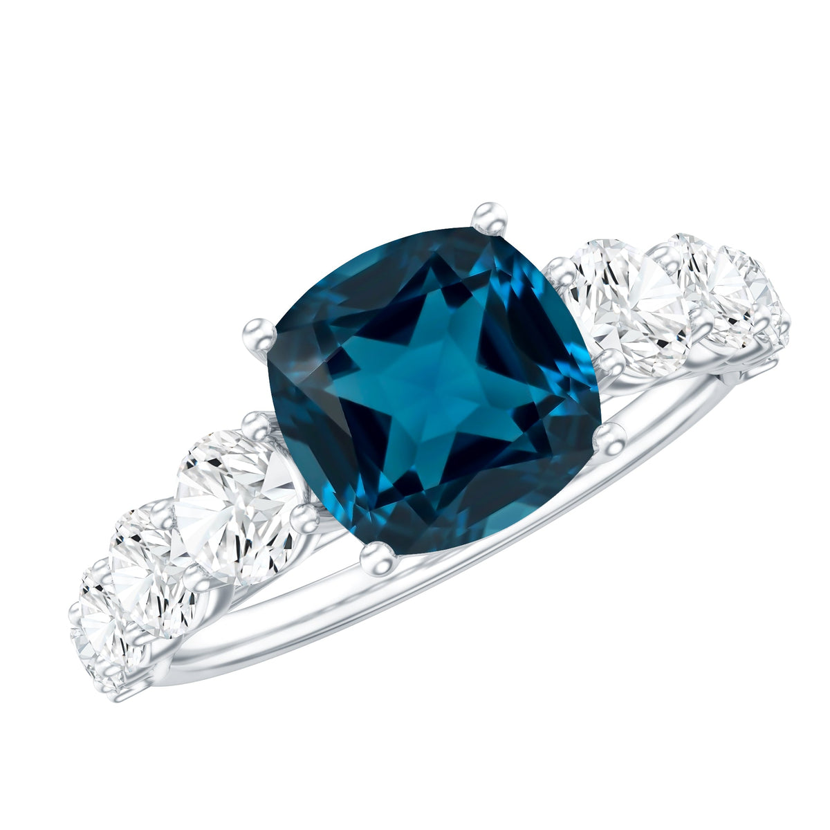 2.8 Carat Cushion Cut London Blue Topaz Solitaire Engagement Ring with Moissanite Side Stones