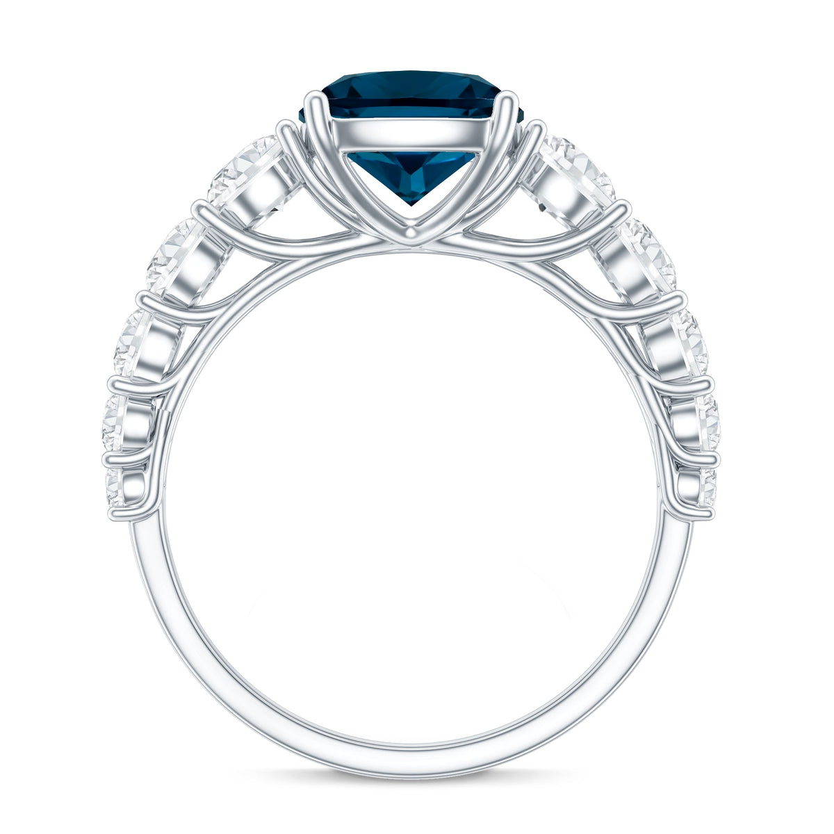 2.8 Carat Cushion Cut London Blue Topaz Solitaire Engagement Ring with Moissanite Side Stones