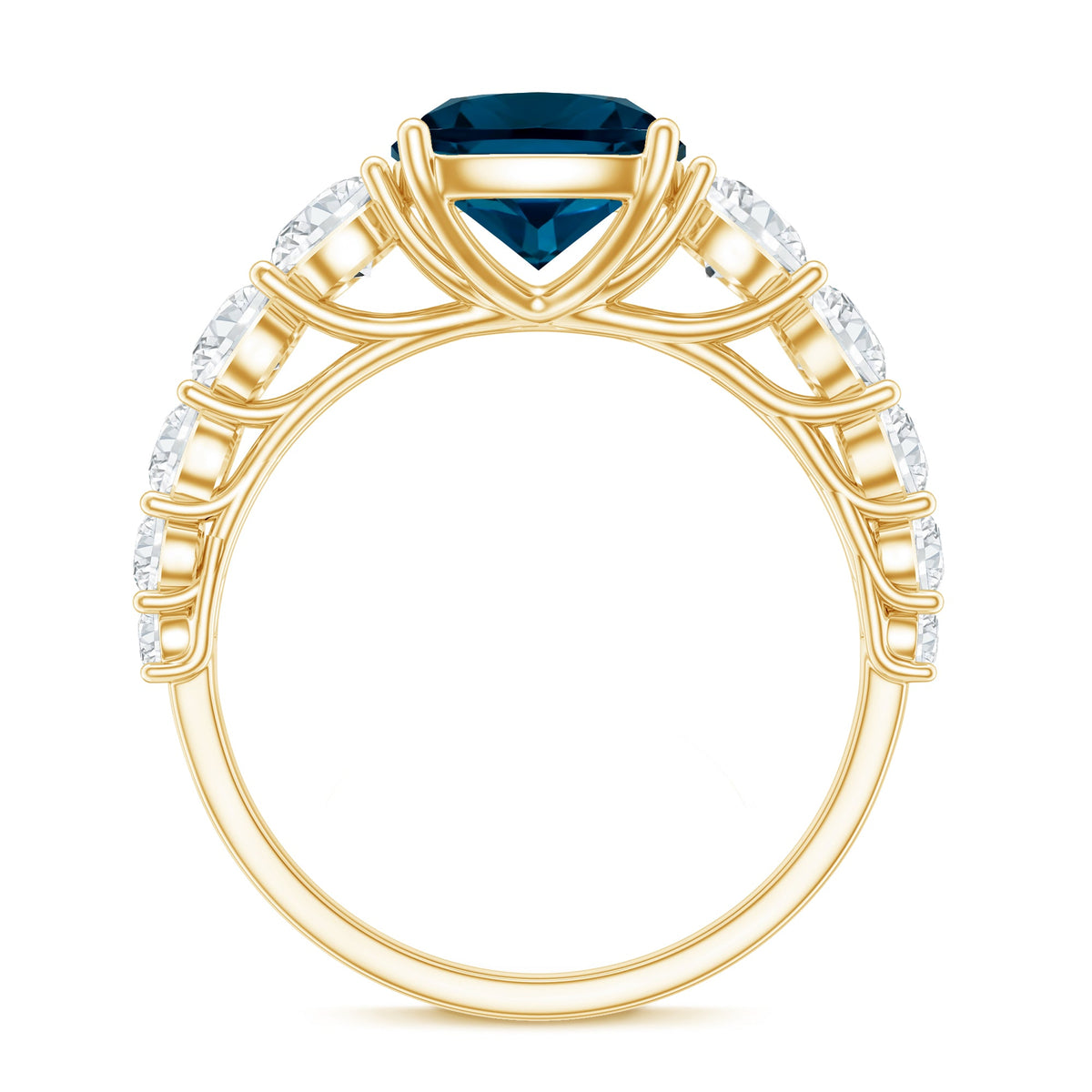 2.8 Carat Cushion Cut London Blue Topaz Solitaire Engagement Ring with Moissanite Side Stones