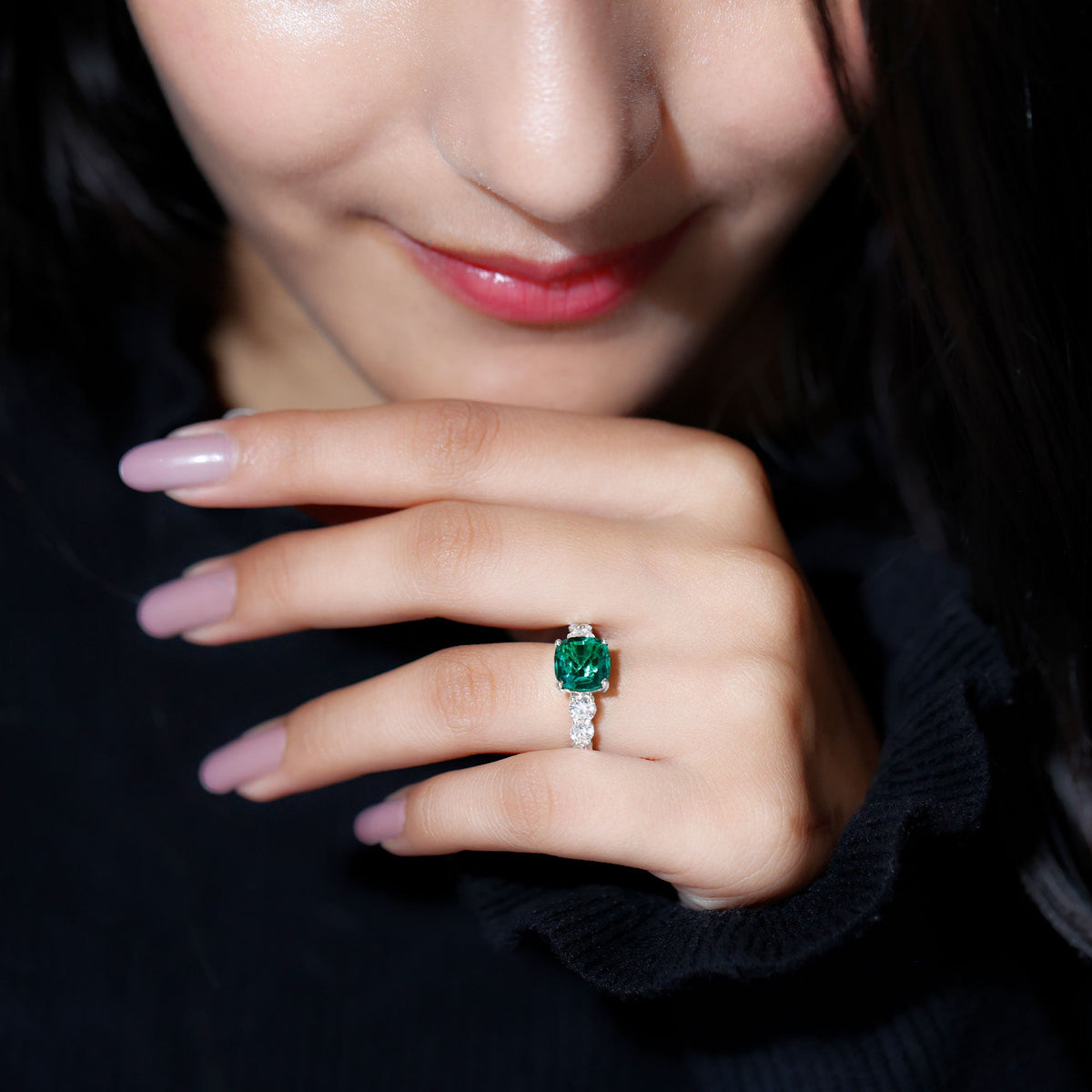 Lab Grown Emerald 2 Carat Cushion Engagement Ring with Moissanite Side Stones
