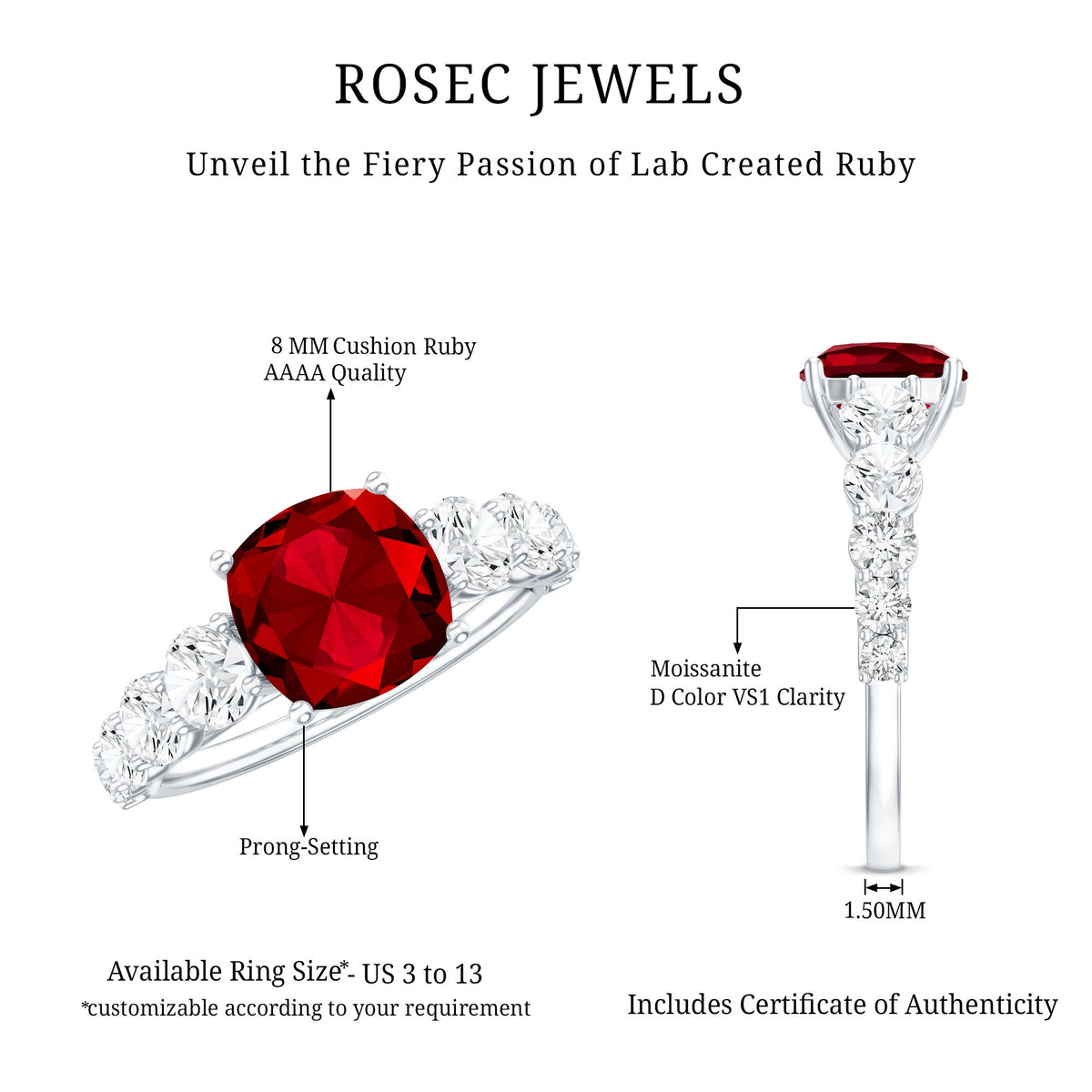 2 Carat Cushion Cut Lab Created Ruby Engagement Ring with Side Stones