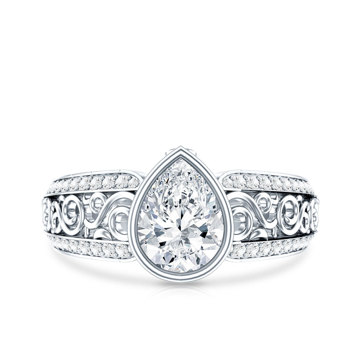 Bezel Set Moissanite Pear Engagement Ring with Filigree Details